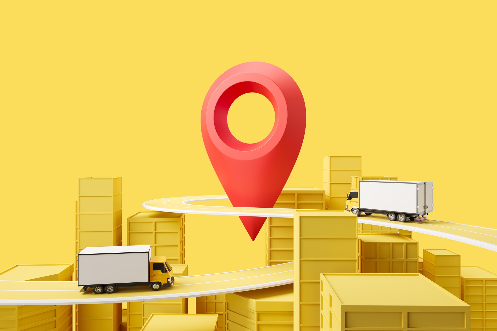 Truck moving with location pin, geotag. Mockup copy space